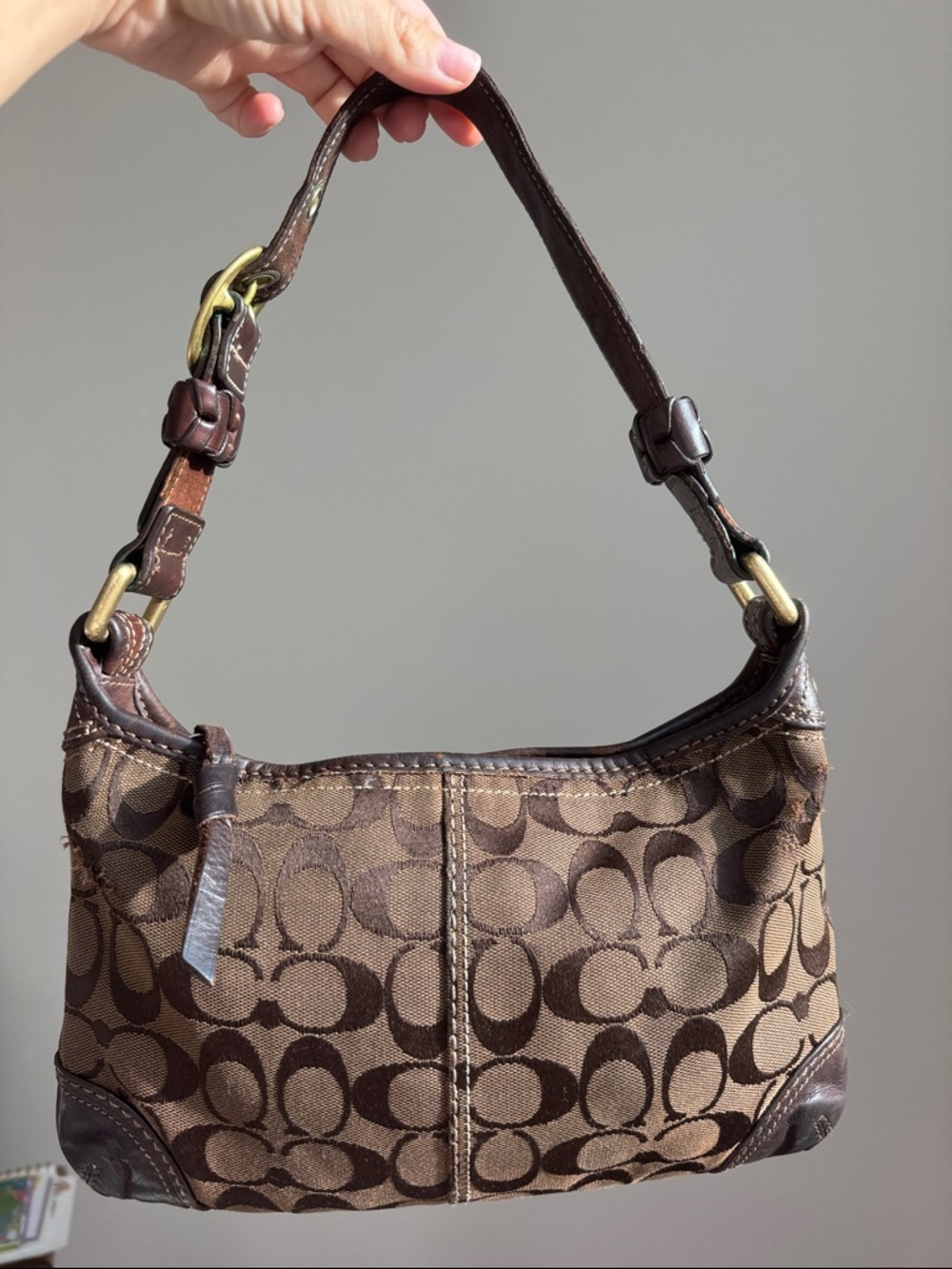 Coach Signature Jacquard Soho Hobo Bag Brown Canvas Leather Shoulder Bag Y2K